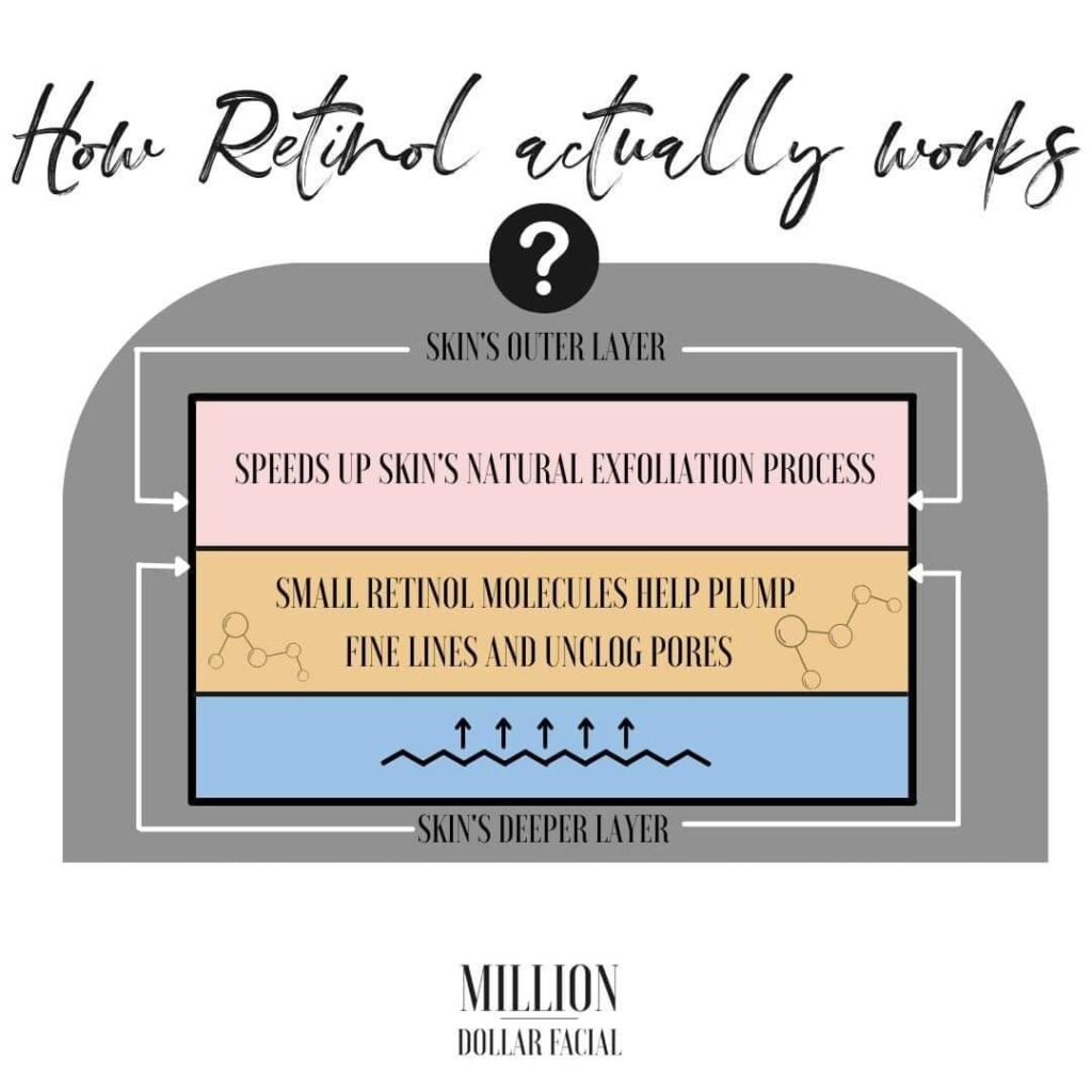 How Retinol actually works
Skin's outer layer
Speeds up skin's natural exfoliation process
small retinol molecules help plump fine lines and unclog pores
Skin's deeper layer
Million Dollar Facial